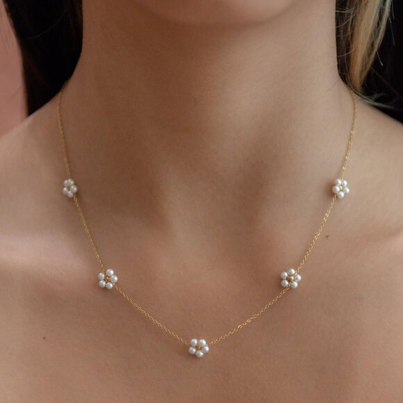 ⚡ Pearl Necklace for Women 14K Gold plated White Gold-plated Dainty Flower - Picture 4 of 7